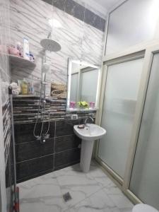 a bathroom with a shower and a sink at شقه فاخره على الكورنيش in Alexandria