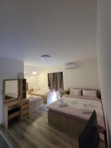 a large bedroom with two beds and a mirror at Eleon Motel in Brezovicë