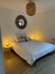 a bedroom with a large bed and a mirror at Agréable maison individuelle proche Bordeaux in Ambarès-et-Lagrave