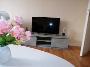 - un salon avec une télévision et des fleurs dans un vase dans l'établissement Suite Royale dans Vôtre maisonnette indépendante avec terrasse Privée !, à Montmorillon