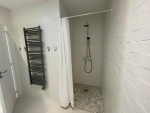 y baño con ducha y cortina de ducha. en Agréable maison individuelle proche Bordeaux, en Ambarès-et-Lagrave