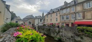 une rue urbaine avec des bâtiments et une rivière fleurie dans l'établissement Le P'tit Croissant, à Bayeux