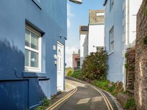 an alley with blue houses and a white door at Captains Lockyer in Kingswear