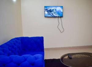 um sofá azul numa sala de estar com uma televisão em Marie's 1br near Sarovawoodlands em Nakuru