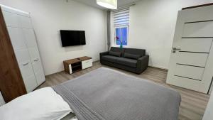 ein Schlafzimmer mit einem Bett, einem Stuhl und einem TV in der Unterkunft Ella Appartement in Marienbad