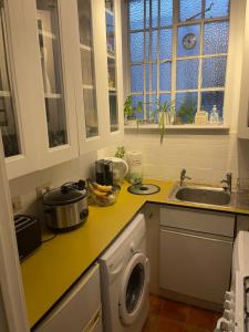 a kitchen with a sink and a washing machine at Chelsea Manor Studio in London