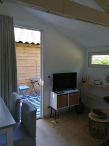 ein Wohnzimmer mit einem TV und einer Glasschiebetür in der Unterkunft Les chalets de Palavesa in Porto-Vecchio