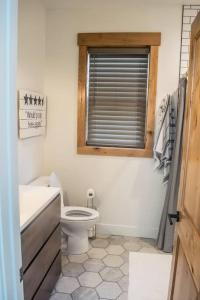 a bathroom with a toilet and a sink and a window at The “Worst” Home, Best Stay In Pagosa Springs in Pagosa Springs +24 photos