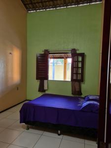 een slaapkamer met een blauw bed en een raam bij Casa Camboas in Paraipaba