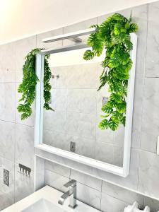 a bathroom mirror with a plant hanging over a sink at Skyscraper 11 in Cinisello Balsamo