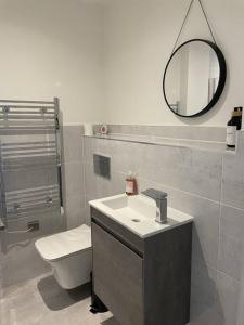 uma casa de banho com um lavatório, um WC e um espelho. em Luxury Spring Stays Lichfield City Centre 2 Bedroom Apartment With Free Secure Parking em Lichfield