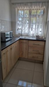 a kitchen with a sink and a microwave and a window at LAPA ROOF in Sandton