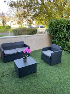 three chairs and a table with flowers on the grass at Logement entier chambre+salon + jardin & terrasse in Les Ulis