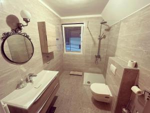 a bathroom with a sink and a toilet and a mirror at Apartment and rooms Maraton in Kranjska Gora