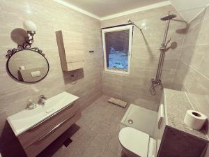 a bathroom with a sink and a toilet and a mirror at Apartment and rooms Maraton in Kranjska Gora