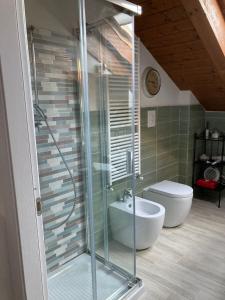 uma casa de banho com uma cabina de duche em vidro e um WC. em Attico Deluxe ad Alba - Free parking & Free WiFi -Netflix - Disney em Alba
