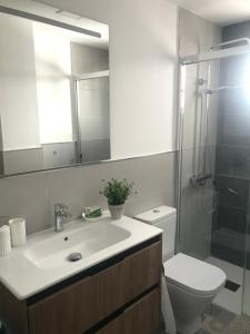 een badkamer met een wastafel, een toilet en een douche bij Paraíso playero en Las Palmas in Las Palmas de Gran Canaria