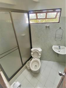 a bathroom with a toilet and a shower and a sink at Hospedería Villa Lucía in Villa de Leyva