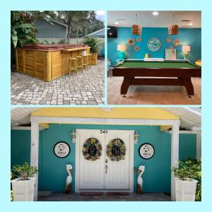 tres fotos de una casa con mesa de billar en 3Gulls Inn Ozona-Boutique Hotel-Steps from Restaurants & Brewery-SwimSpa Pool-Pet Friendly en Palm Harbor