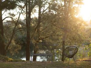 a bench and a table in a park near a tree at Barrington Riverside Cottages in Barrington