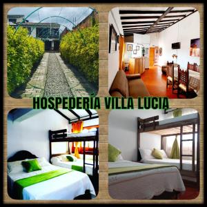 un collage de quatre photos d'une chambre d'hôtel dans l'établissement Hospedería Villa Lucía, à Villa de Leyva