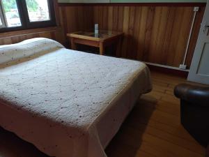 a bedroom with a bed with a table and a window at Hostal Florencia in Puerto Varas