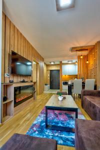 a living room with a fireplace and a tv at Apartman Maska in Zlatibor