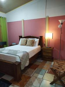 a bedroom with a king sized bed and a lamp at Villa Gabriela, Casa Tucan in Liberia