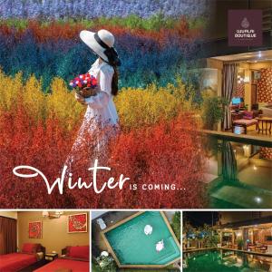 a collage of photos with a woman standing in a painting at Wualai Boutique by Lanna Oriental in Chiang Mai