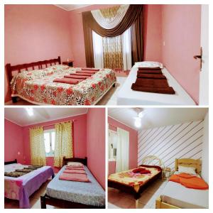 trzy różne zdjęcia sypialni z dwoma łóżkami w obiekcie Apto 3 quartos 500m do mar, churrasqueira e varanda com vista para o pôr do sol w mieście São Francisco do Sul