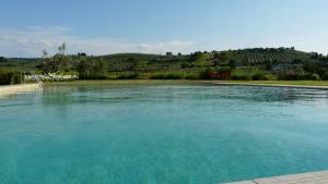 a large pool of water with a hill in the background at Villa Pian De Noci - Tenuta del Palagio in Mercatale Val Di Pesa