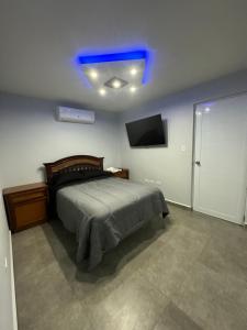 瓜亞馬的住宿－Black Pearl，一间卧室配有一张床,天花板上拥有蓝色的灯光