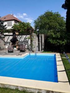 uma grande piscina azul em frente a uma casa em Green House 45 em Třebíč