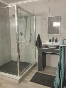 a bathroom with a shower and a sink at Lavender Grove in George