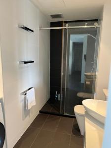 uma casa de banho com um chuveiro, um WC e um lavatório. em Tasha's Apartments on Warwick em Adelaide