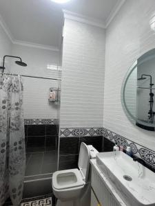 La salle de bains est pourvue de toilettes, d'un lavabo et d'un miroir. dans l'établissement Красивая квартира в центре городе Шымкент. ЖК Аль-Фараби, à Chimkent
