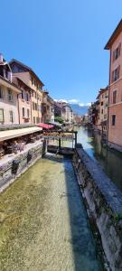 a view of a river in a city with buildings at Appartement de charme au cœur de la vieille ville in Annecy