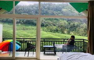 a man sitting in front of a window with a view at Zero Degree Jungle Resort in Viripara