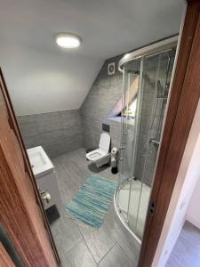 a bathroom with a shower and a toilet at Amza House in Robaia +7 photos