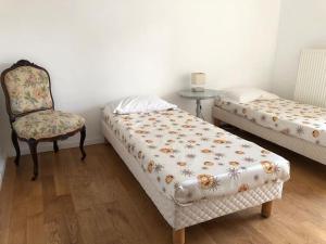 Cette chambre comprend deux lits, une chaise et une table. dans l'établissement Appartement proche du PAL, à Dompierre-sur-Besbre