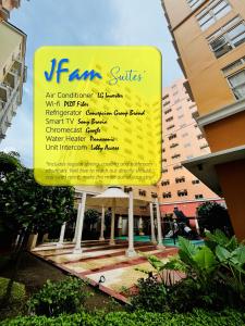 una señal para un restaurante frente a un edificio en JFam Suites - Studio and 1Bedroom Units!, en Biñan