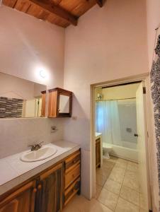 W łazience znajduje się umywalka, toaleta i lustro. w obiekcie Green's Palace Jamaica w mieście Oracabessa