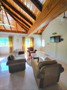 a living room with couches and a flat screen tv at Green's Palace Jamaica in Oracabessa