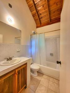 La salle de bains est pourvue d'un lavabo, de toilettes et d'une baignoire. dans l'établissement Green's Palace Jamaica, à Oracabessa