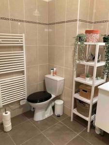 a bathroom with a toilet with a black seat and shelves at Appartement centre ville avec Clim/terrasse/garage in Marseille