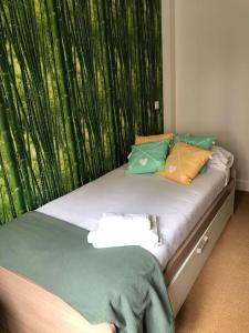 een bed met een groen gordijn en kussens erop bij La casita de Lola in Santander