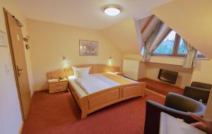 um quarto com uma cama grande e uma televisão em Hotel Sauerländer Hof em Willingen
