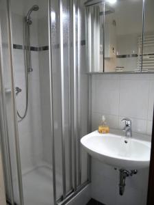 a white bathroom with a shower and a sink at Gemütliche Ferienwohnung am Nationalpark Harz mit Parkplatz am Haus in Altenau