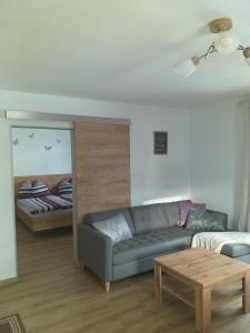 ein Wohnzimmer mit einem Sofa und einem Bett in der Unterkunft Schwendter-Hof in Westendorf