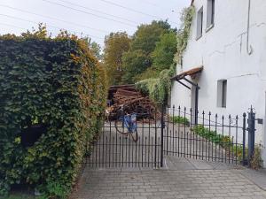 a gate with a pile of wood behind a building at Eros residentie in Geel